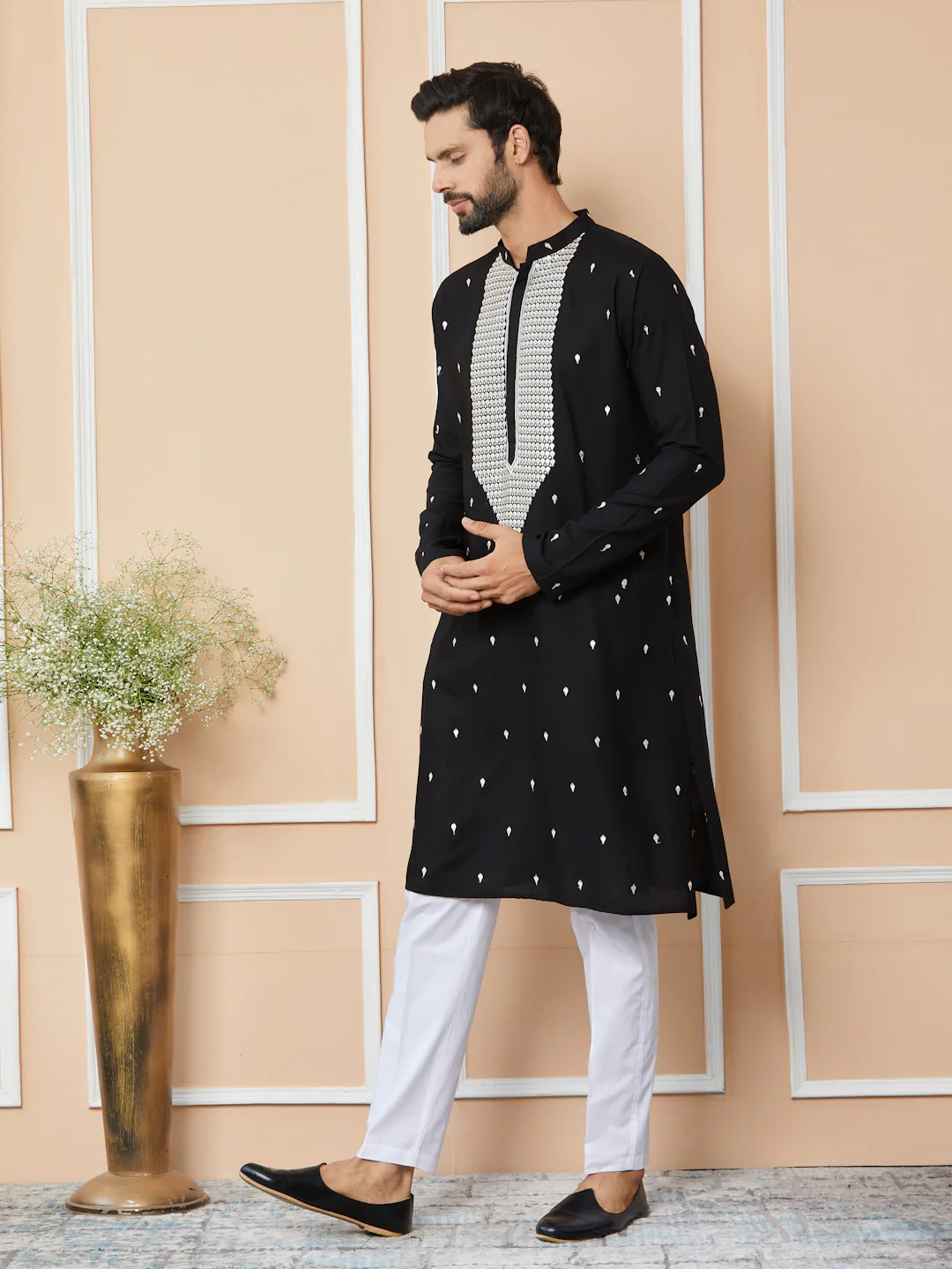 Men Black Sequins Embroidered Rayon Straight Kurta With Yoke Design - Image 4