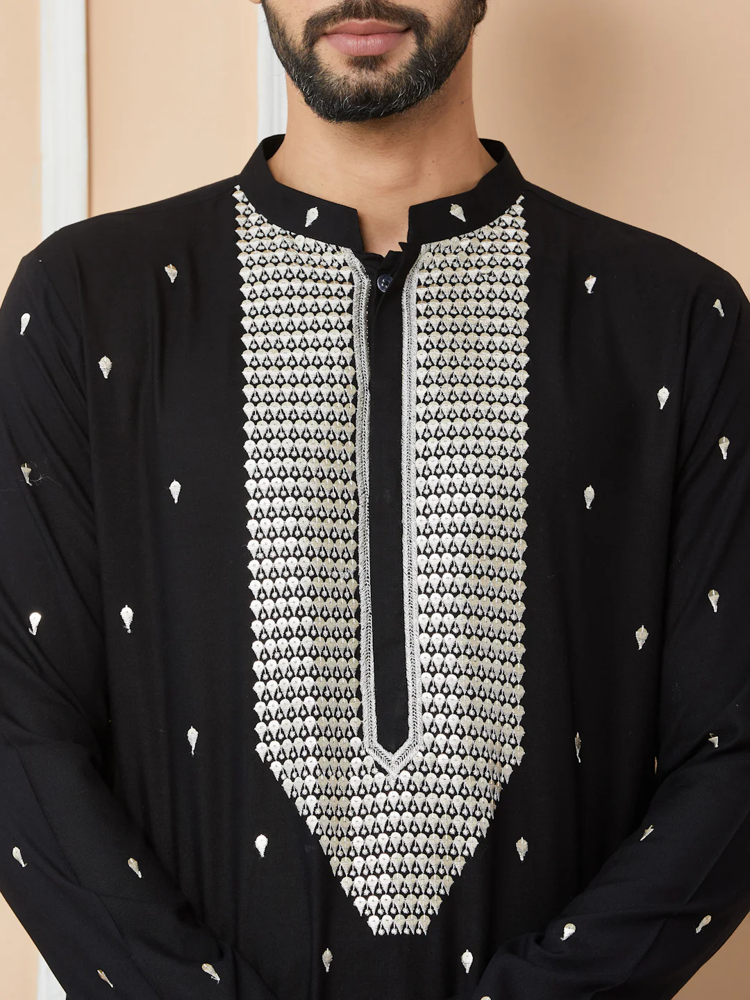 Men Black Sequins Embroidered Rayon Straight Kurta With Yoke Design - Image 5