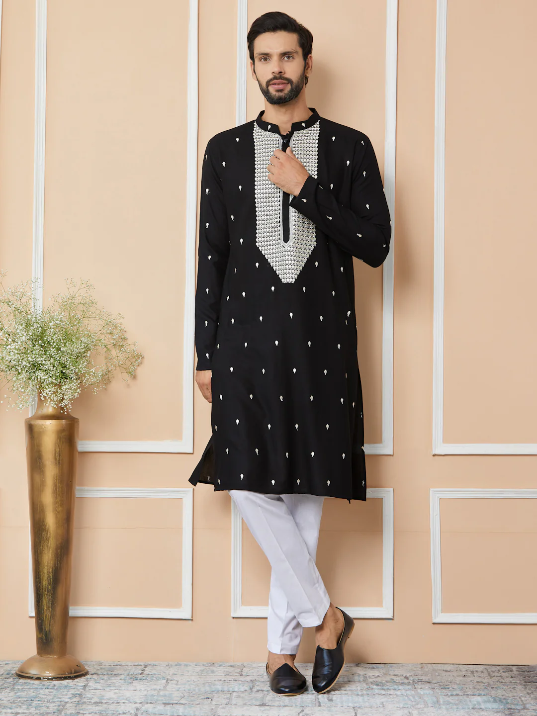Men Black Sequins Embroidered Rayon Straight Kurta With Yoke Design - Image 6