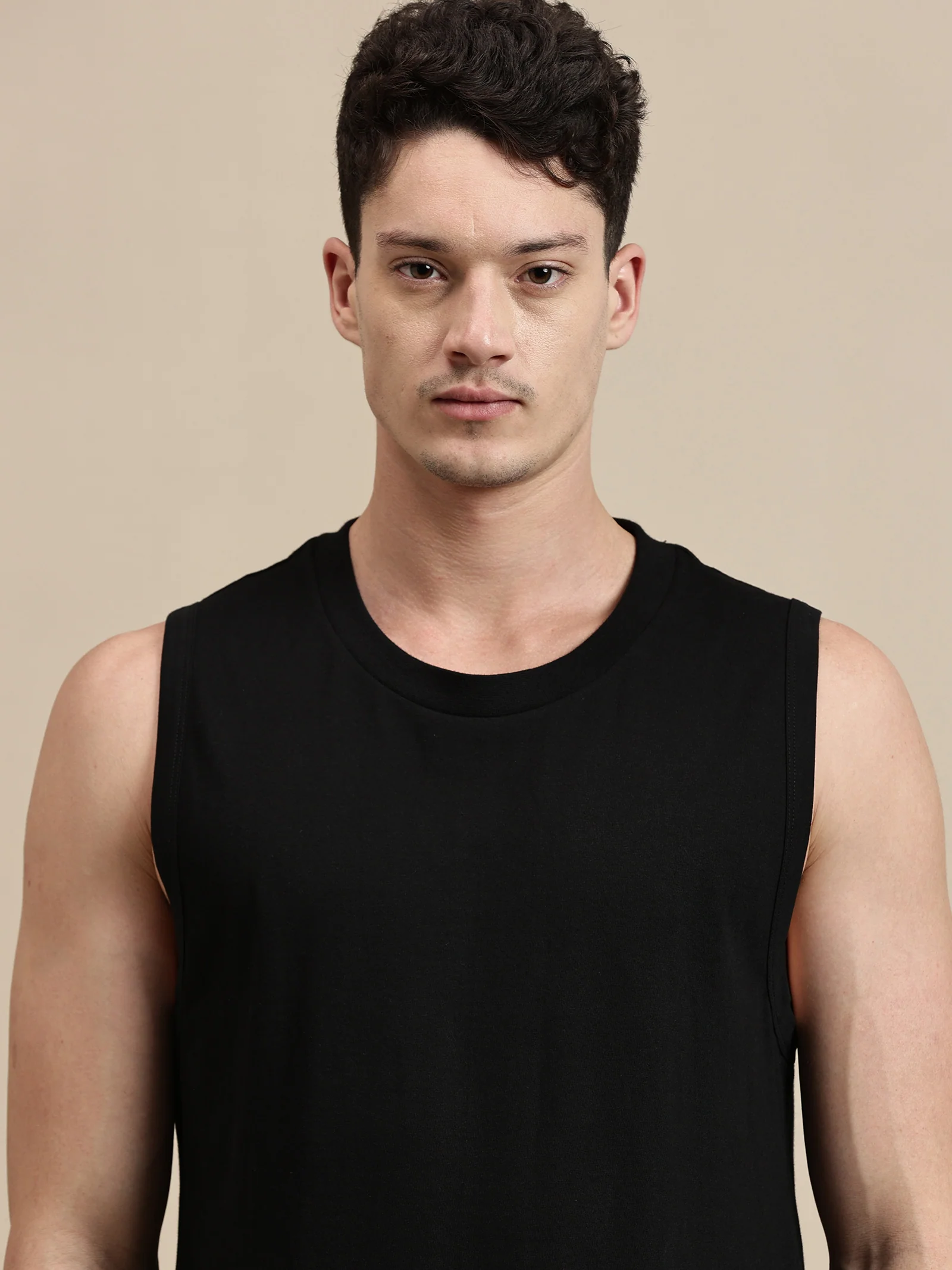 Men Black Sleeveless Cotton T-Shirt - Image 4