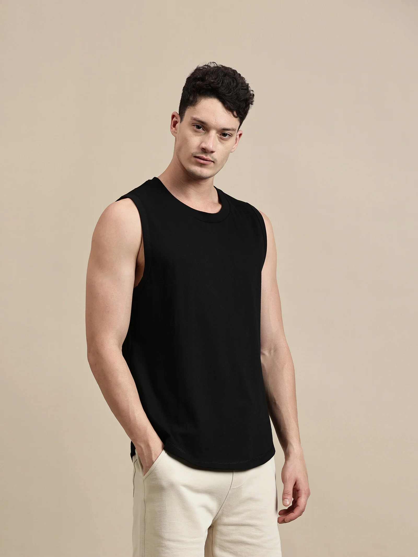 Men Black Sleeveless Cotton T-Shirt - Image 5