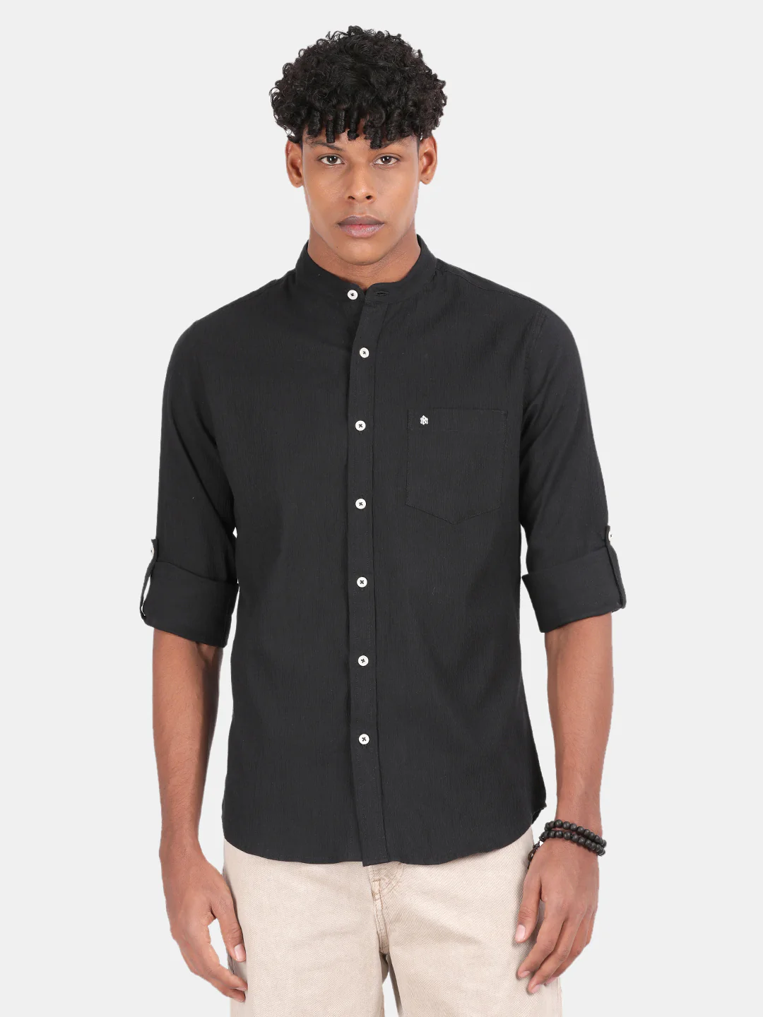 Men Black Slim Fit Mandarin Collar Full Sleeve Casual Shirt - Image 2