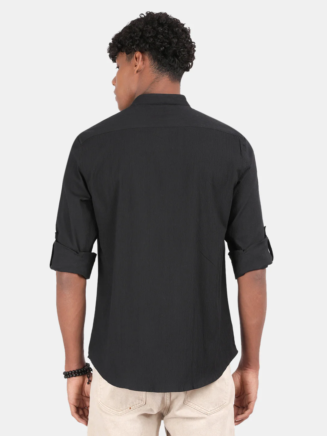 Men Black Slim Fit Mandarin Collar Full Sleeve Casual Shirt - Image 3