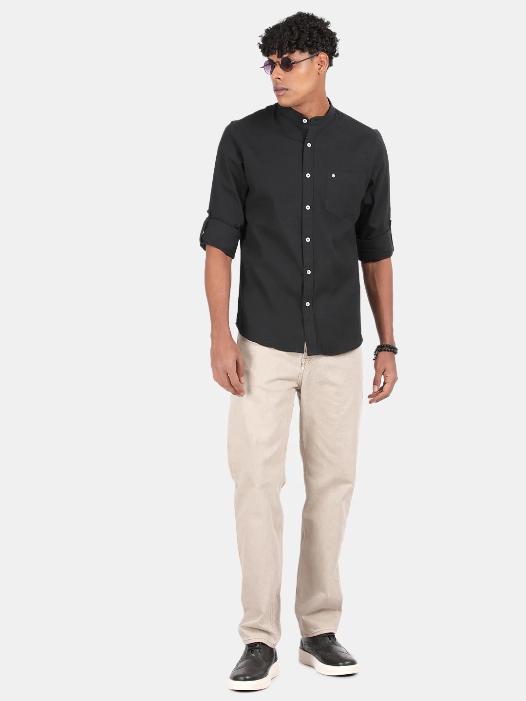 Men Black Slim Fit Mandarin Collar Full Sleeve Casual Shirt - Image 4
