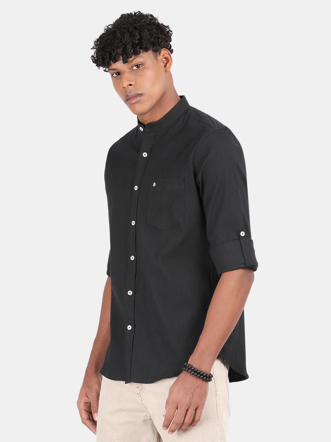 Men Black Slim Fit Mandarin Collar Full Sleeve Casual Shirt - Image 5