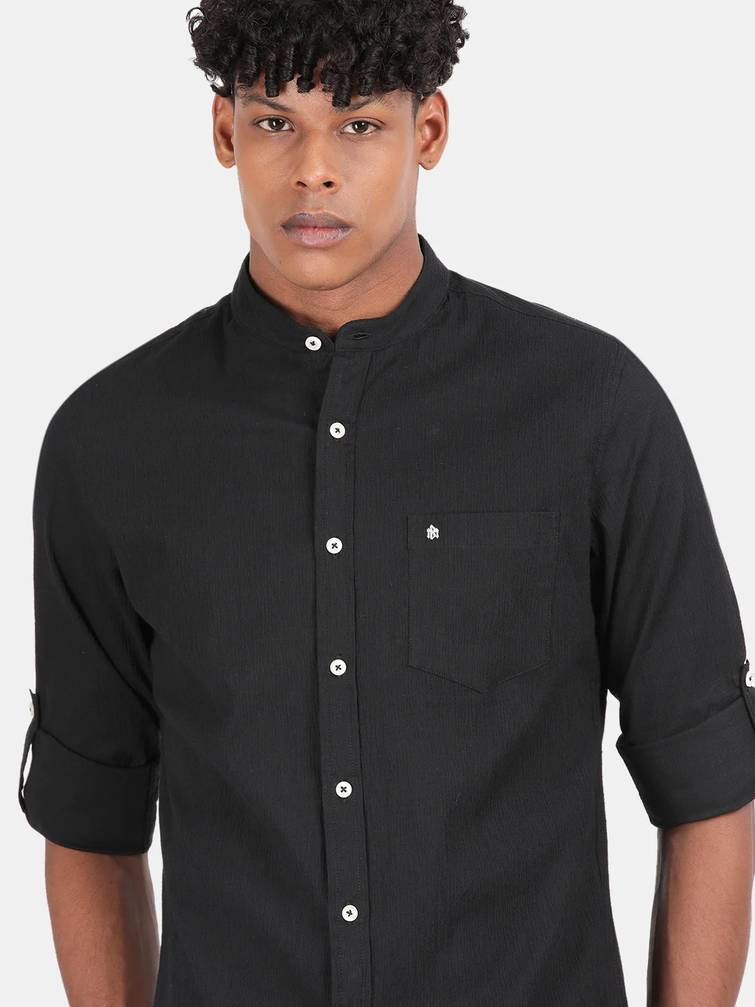 Men Black Slim Fit Mandarin Collar Full Sleeve Casual Shirt - Image 6