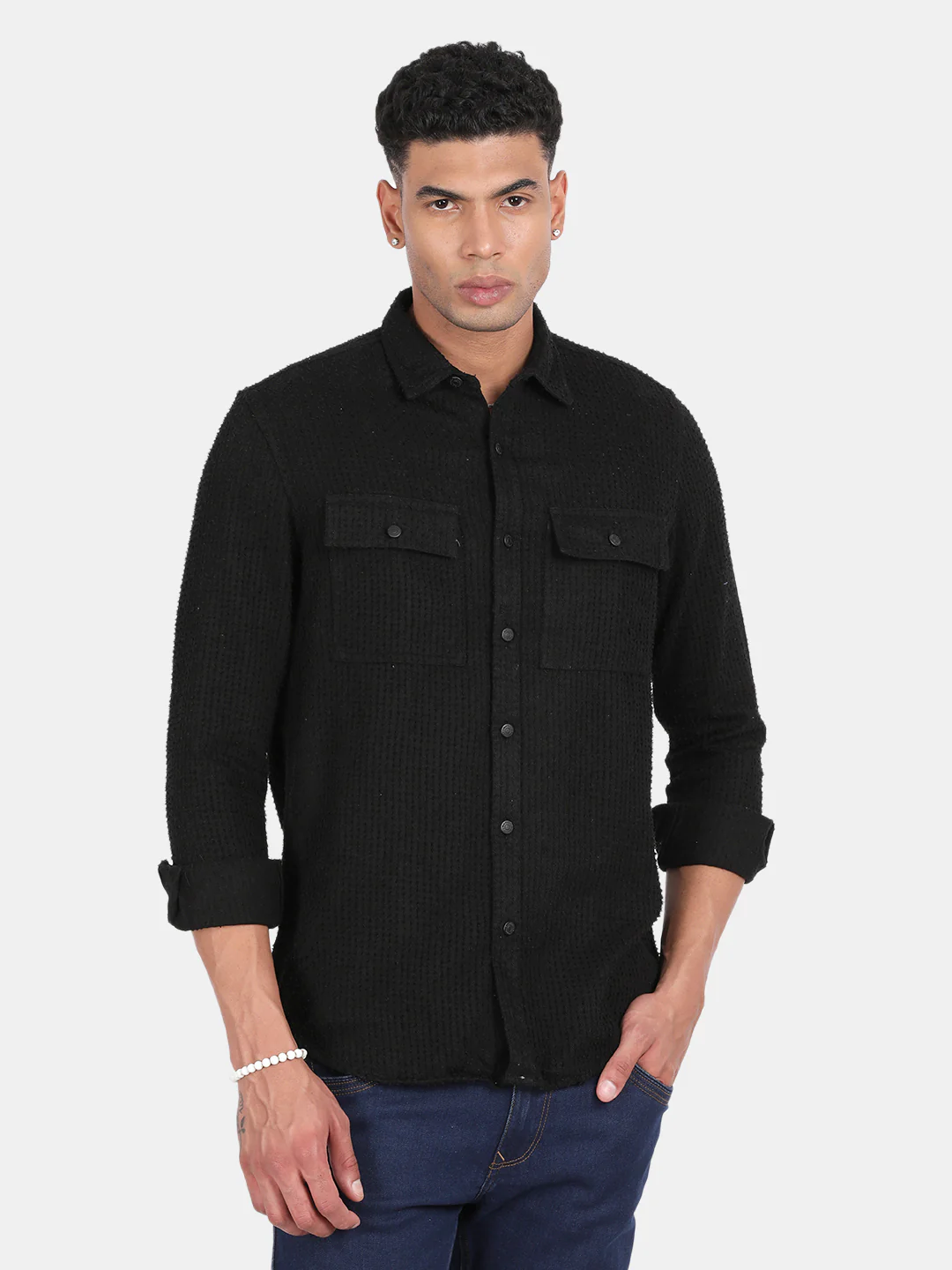 Men Black Slim Fit Spread Collar Full Sleeve Casual Shirt - Image 2