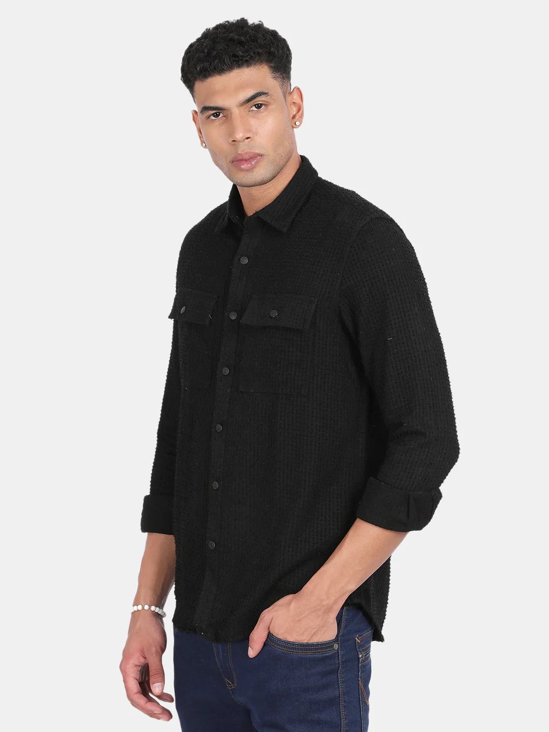 Men Black Slim Fit Spread Collar Full Sleeve Casual Shirt - Image 4