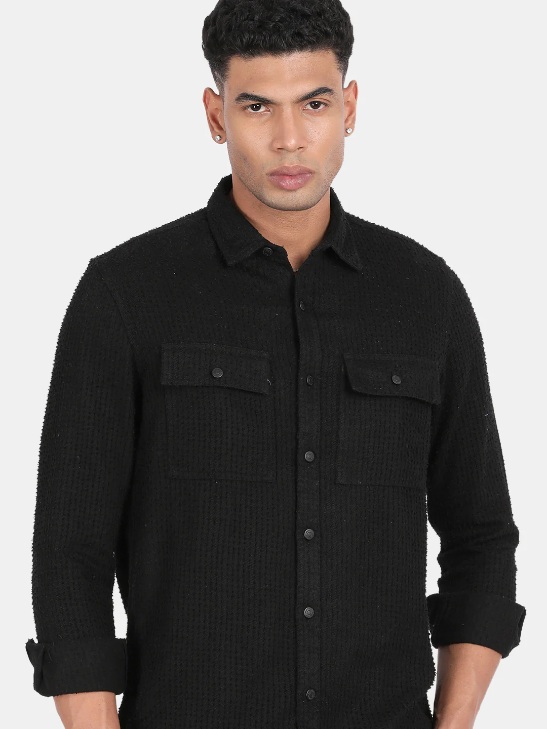 Men Black Slim Fit Spread Collar Full Sleeve Casual Shirt - Image 5