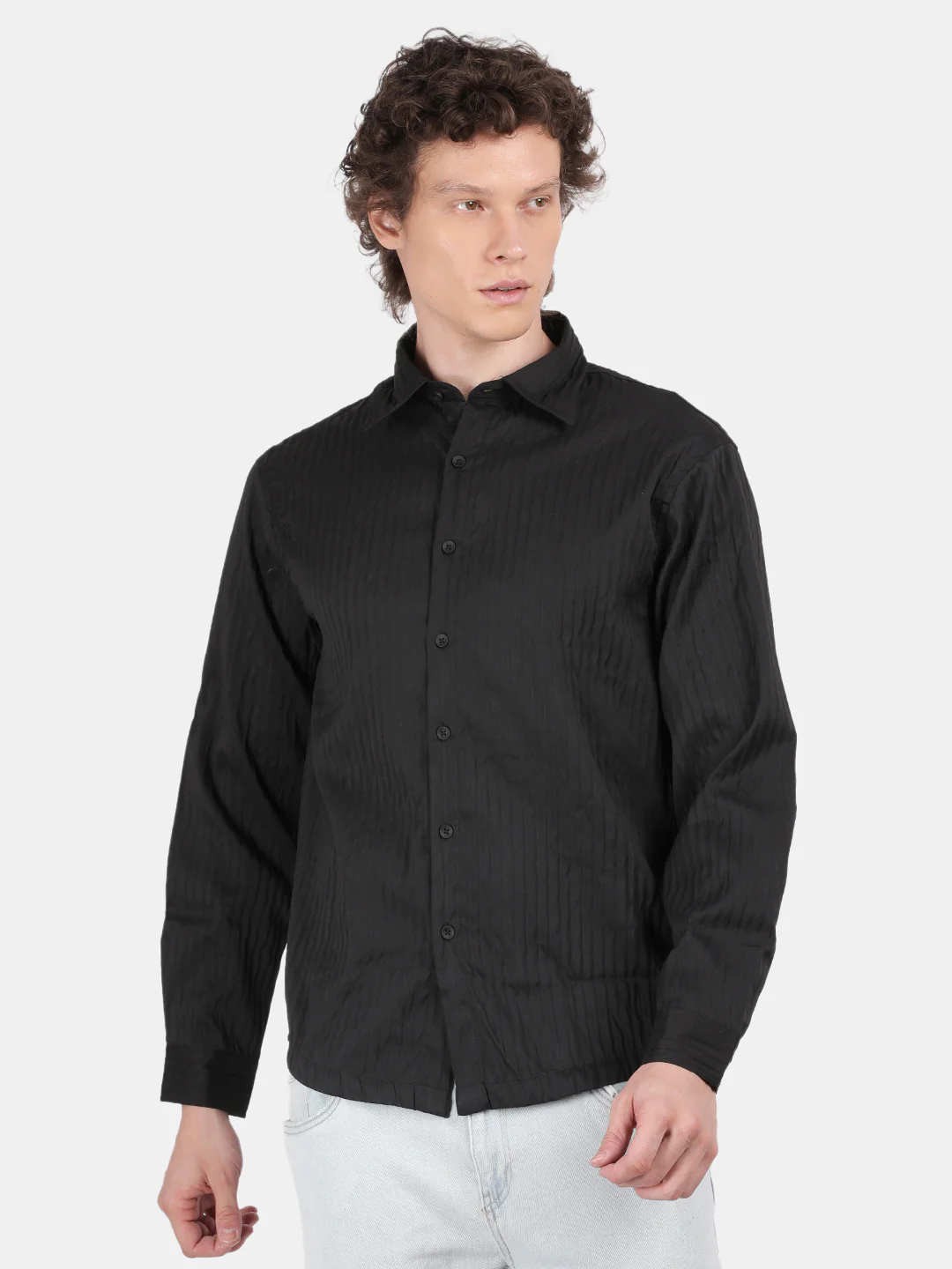 Men Black Slim Fit Spread Collar Full Sleeve Casual Shirt - Image 2