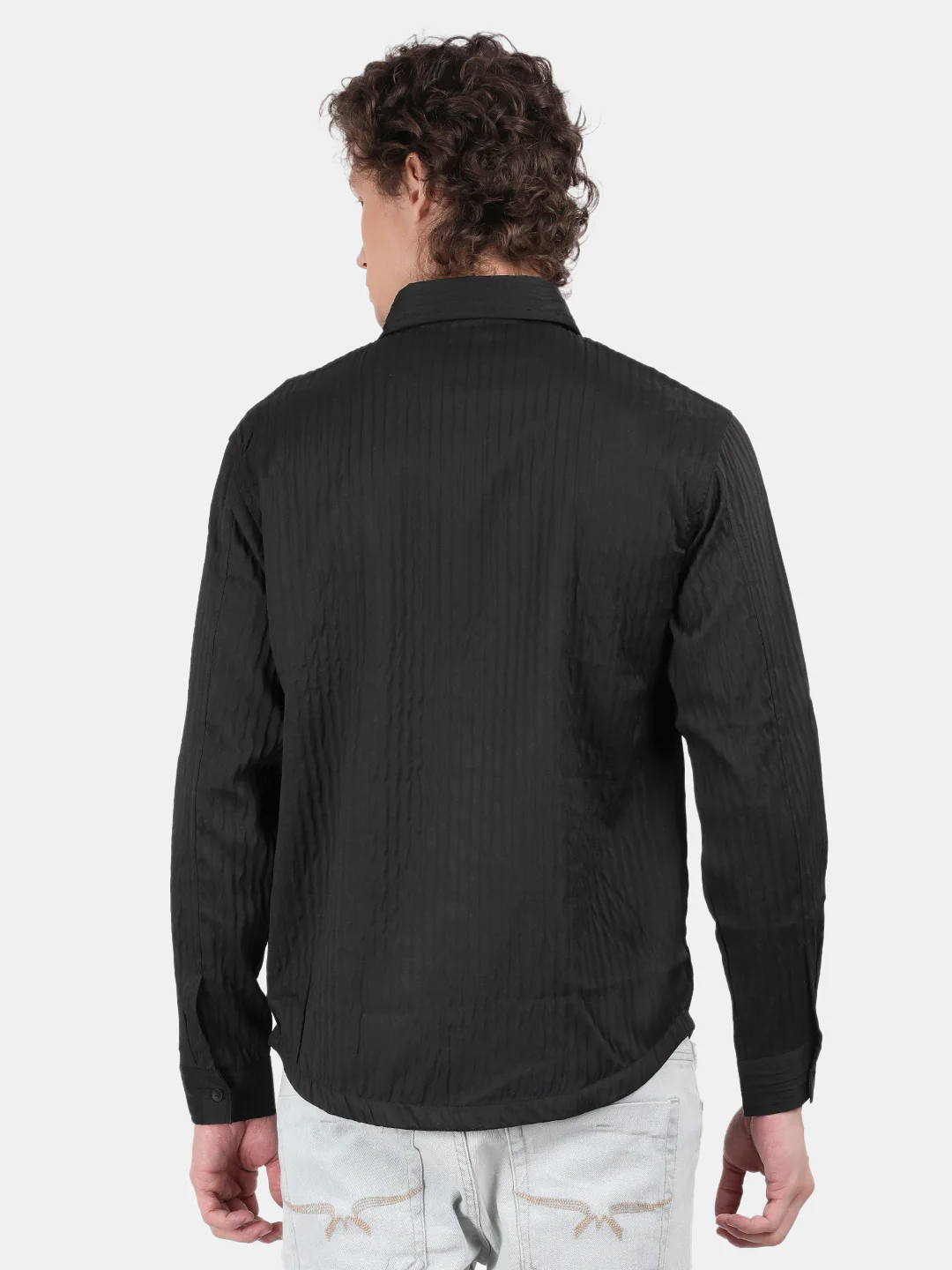 Men Black Slim Fit Spread Collar Full Sleeve Casual Shirt - Image 3