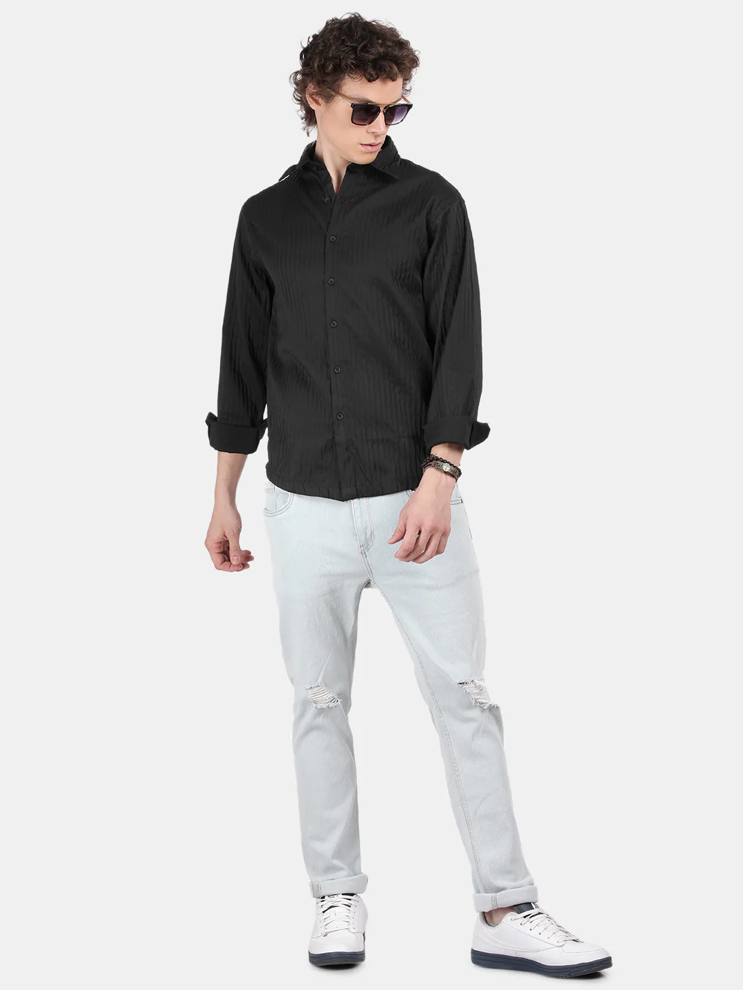 Men Black Slim Fit Spread Collar Full Sleeve Casual Shirt - Image 4