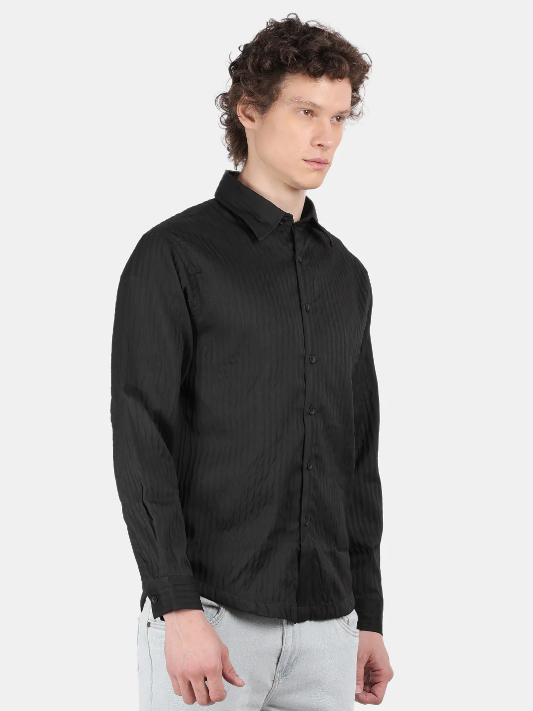 Men Black Slim Fit Spread Collar Full Sleeve Casual Shirt - Image 5