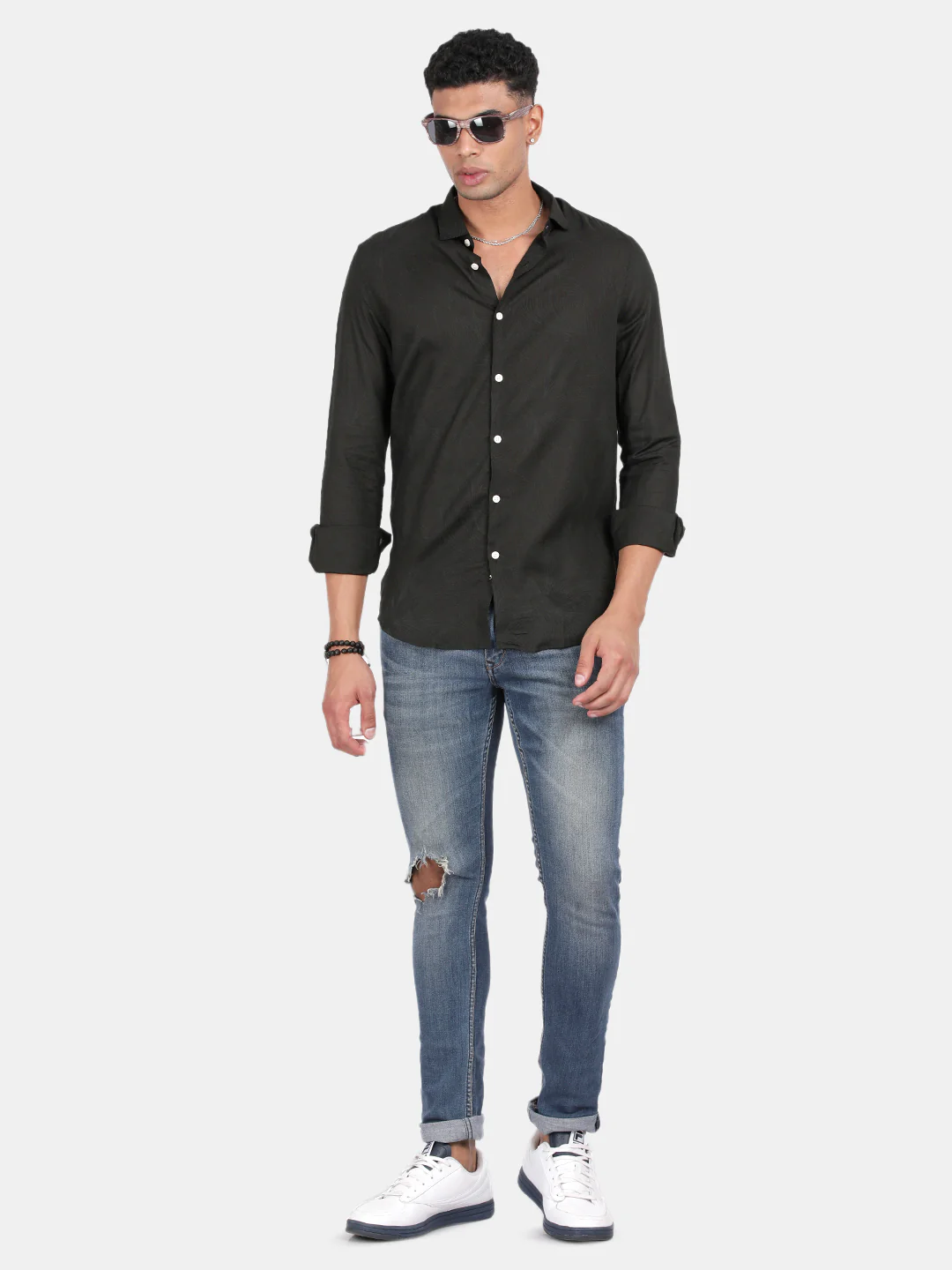 Men Black Slim Fit Spread Collar Full Sleeve Casual Shirt - Image 4