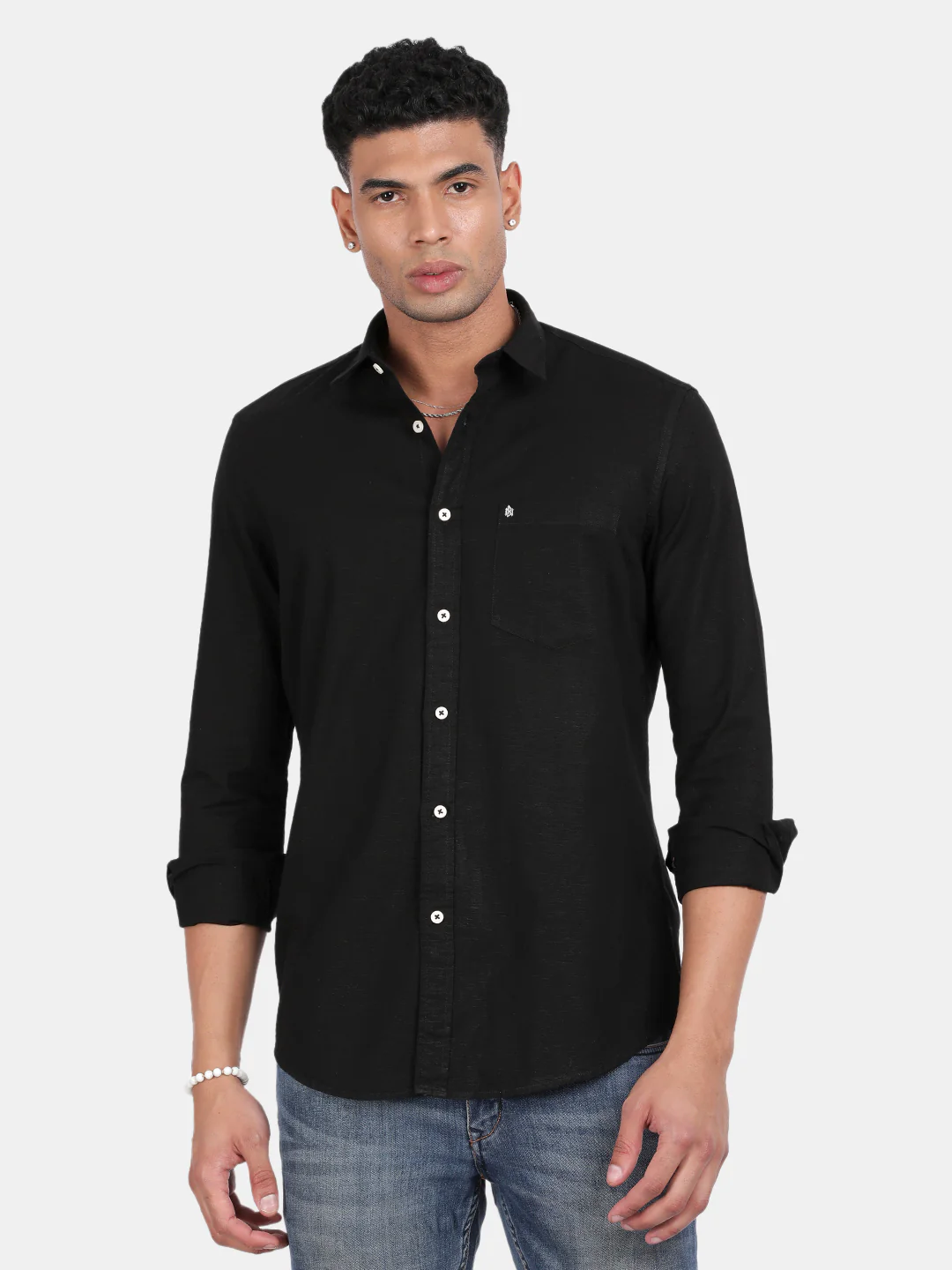 Men Black Slim Fit Spread Collar Full Sleeve Casual Shirt - Image 2