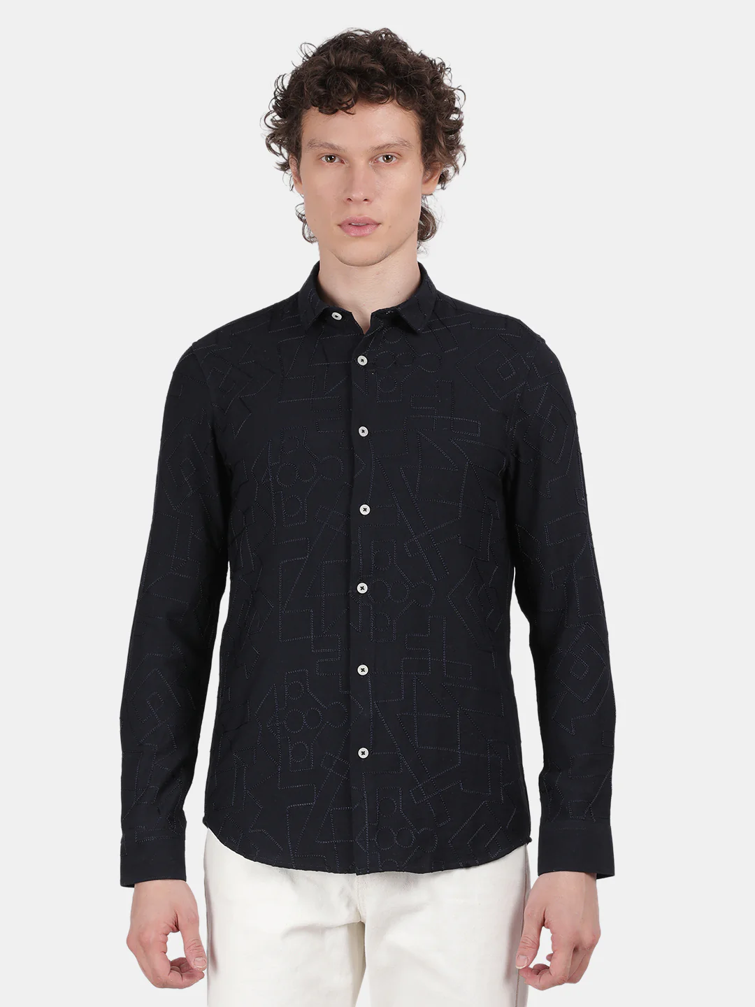 Men Black Slim Fit Spread Collar Full Sleeve Casual Shirt - Image 2