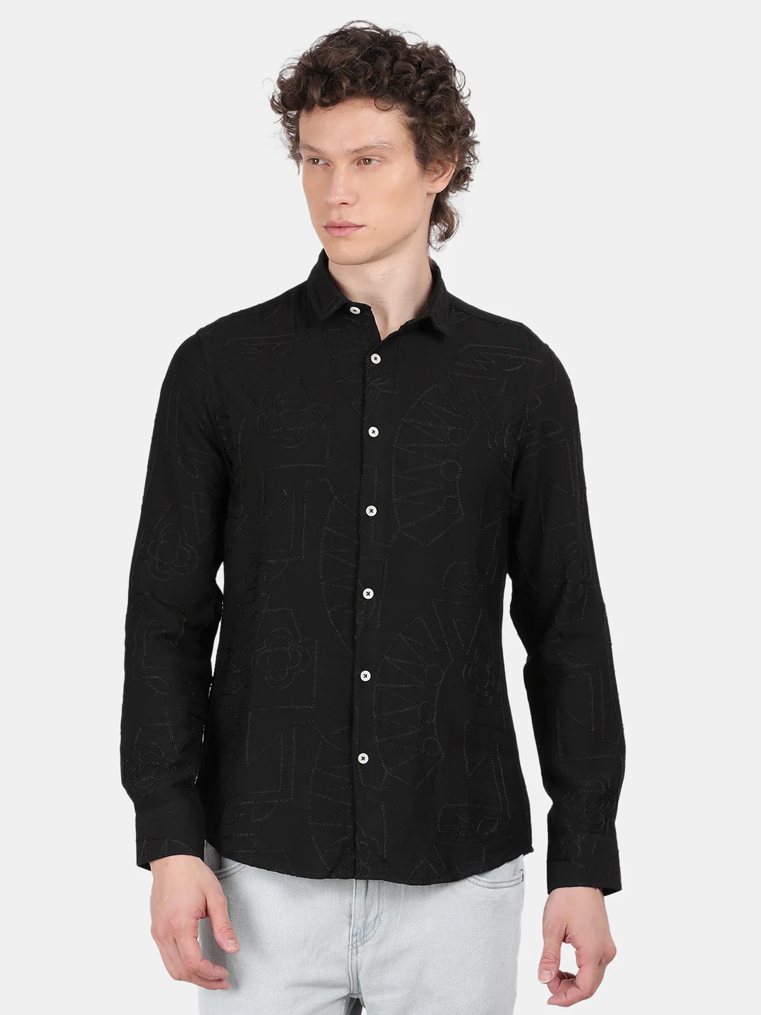Men Black Slim Fit Spread Collar Full Sleeve Casual Shirt - Image 2