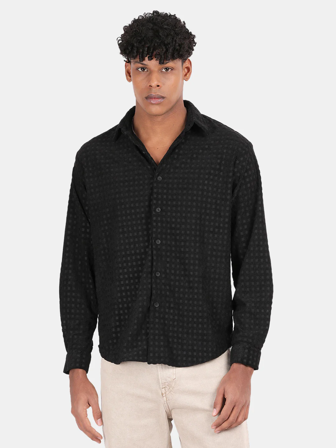 Men Black Slim Fit Spread Collar Full Sleeve Casual Shirt - Image 2