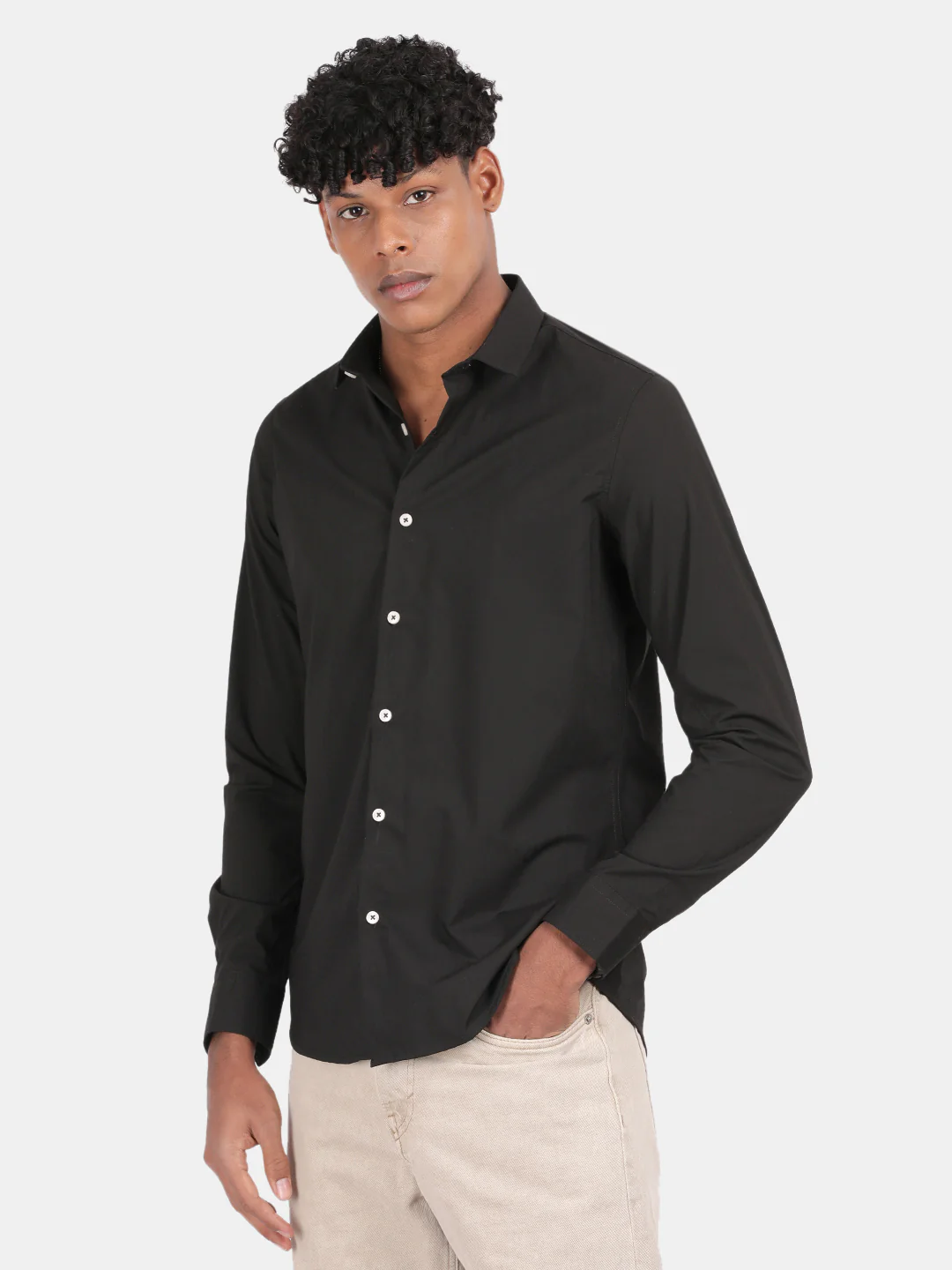 Men Black Slim Fit Spread Collar Full Sleeve Casual Shirt - Image 5