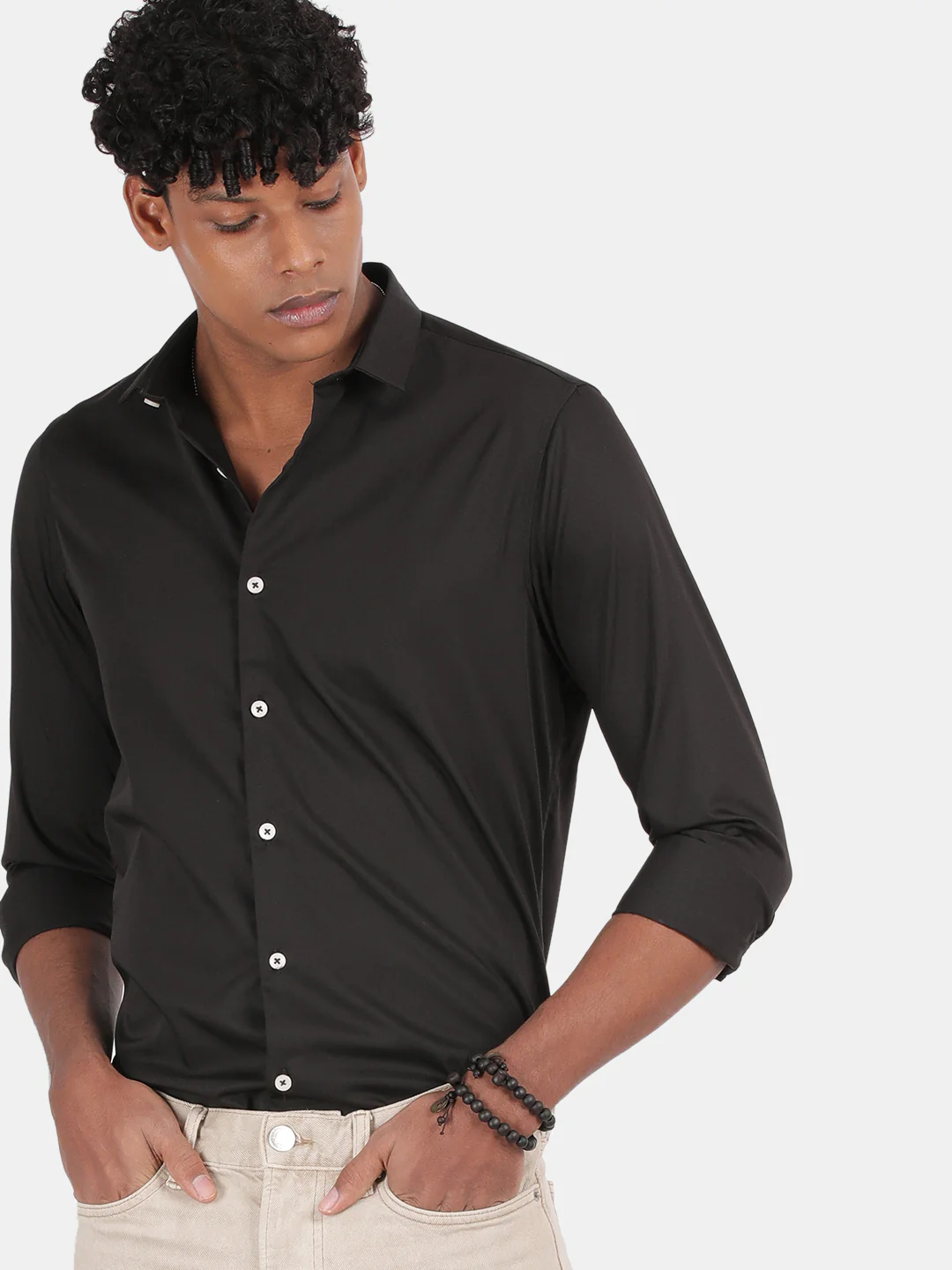 Men Black Slim Fit Spread Collar Full Sleeve Casual Shirt - Image 5
