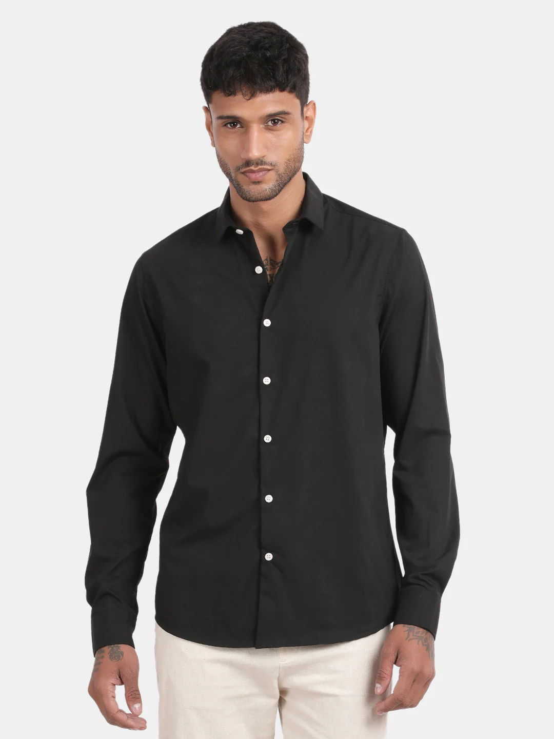 Men Black Slim Fit Spread Collar Full Sleeve Casual Shirt - Image 2