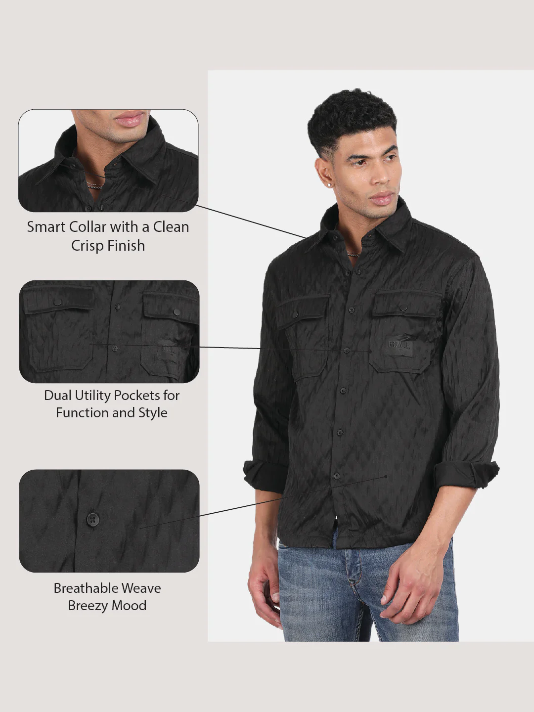 Men Black Slim Fit Spread Collar Full Sleeve Casual Shirt - Image 6