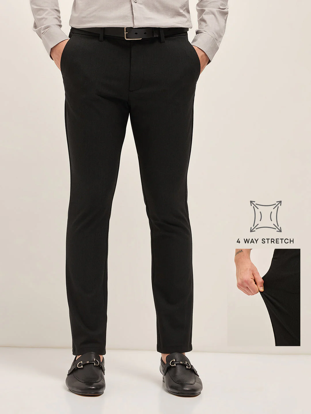 Men Black Solid 4 Way Stretch Formal Trouser