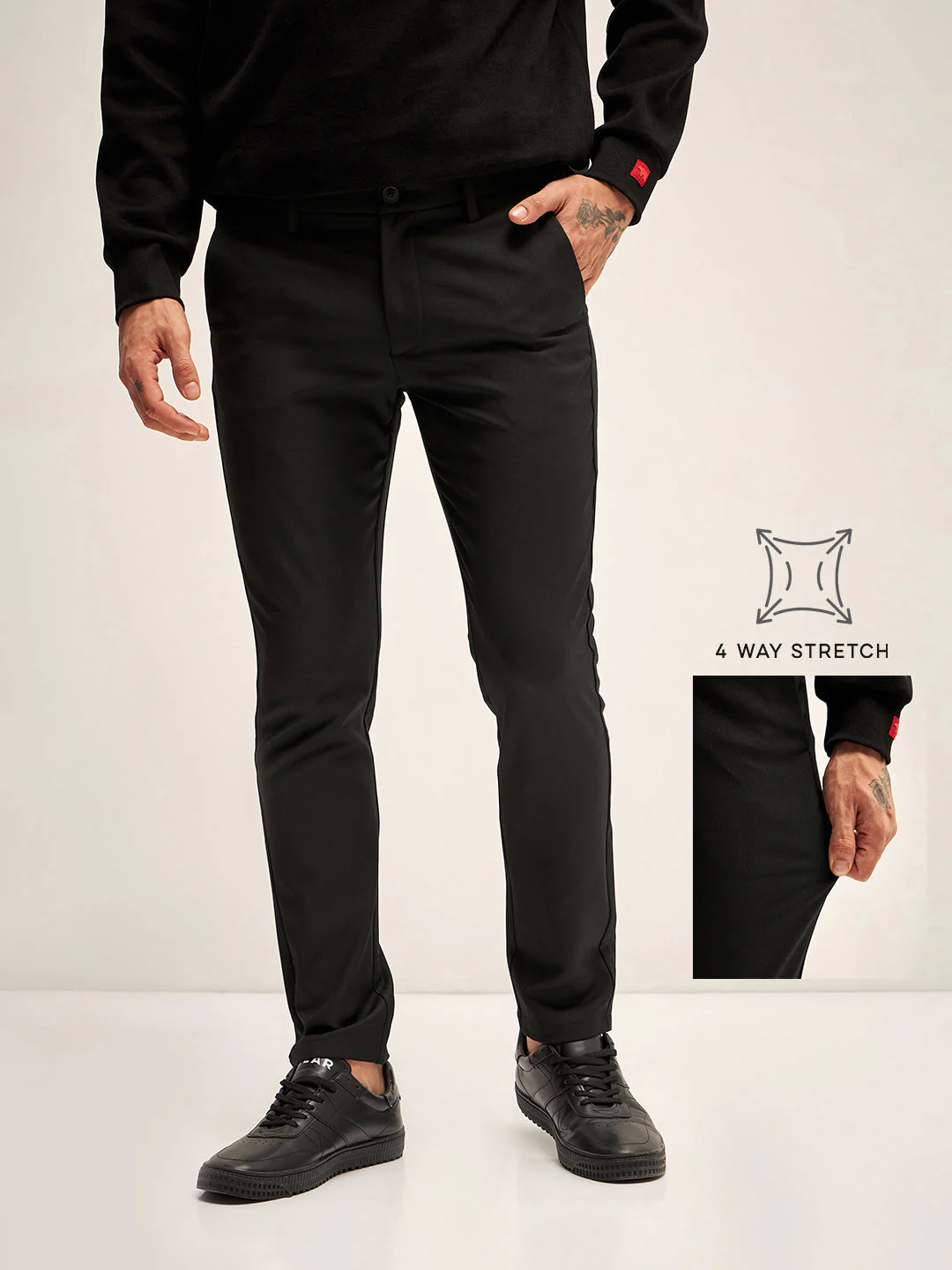 Men Black Solid 4 Way Stretch Formal Trouser