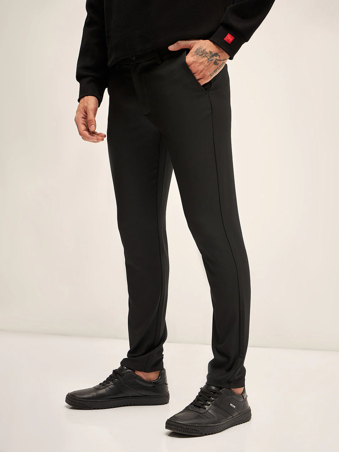 Men Black Solid 4 Way Stretch Formal Trouser - Image 3