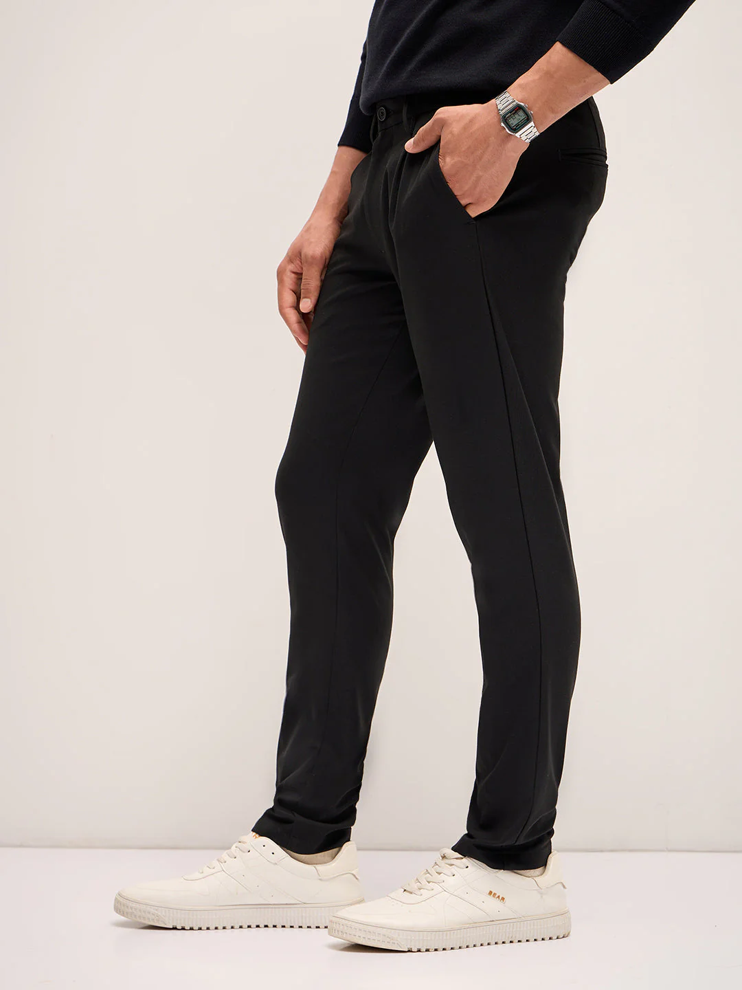 Men Black Solid 4 Way Stretch Formal Trouser - Image 3