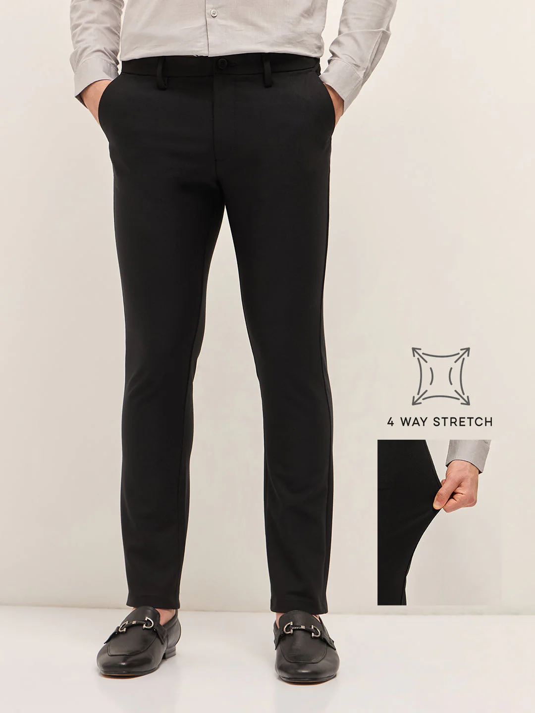 Men Black Solid 4 Way Stretch Formal Trouser