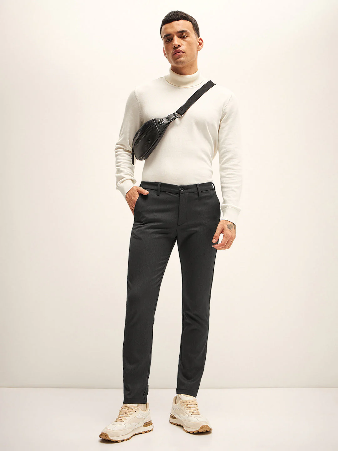 Men Black Solid 4 Way Stretch Formal Trouser - Image 3