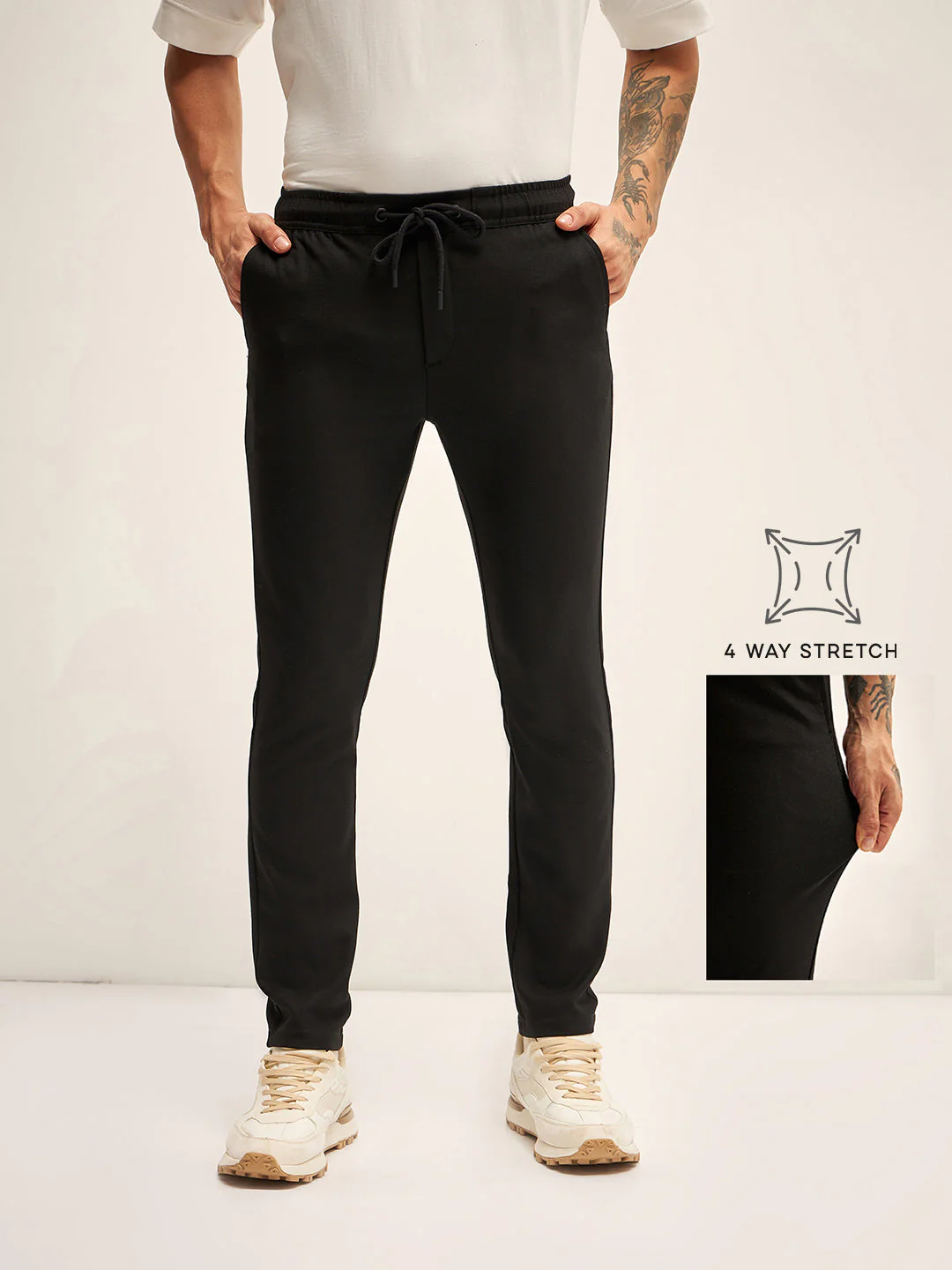 Men Black Solid 4 Way Stretch Formal Trouser
