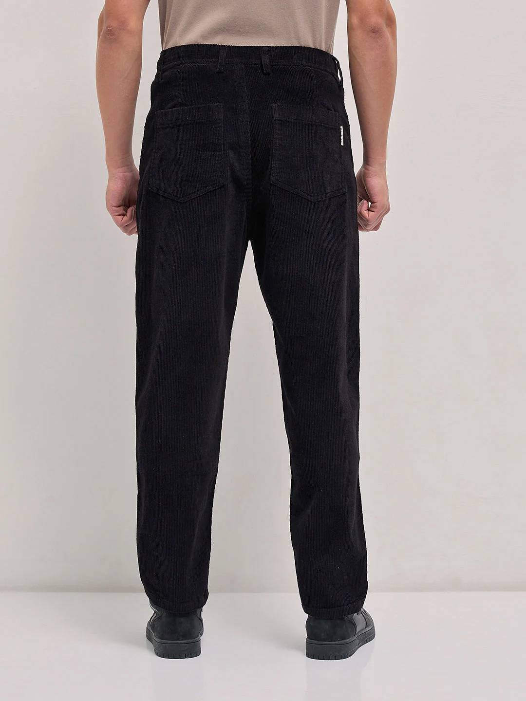 Men Black Solid Baggy Fit Corduroy Cotton Pant - Image 2