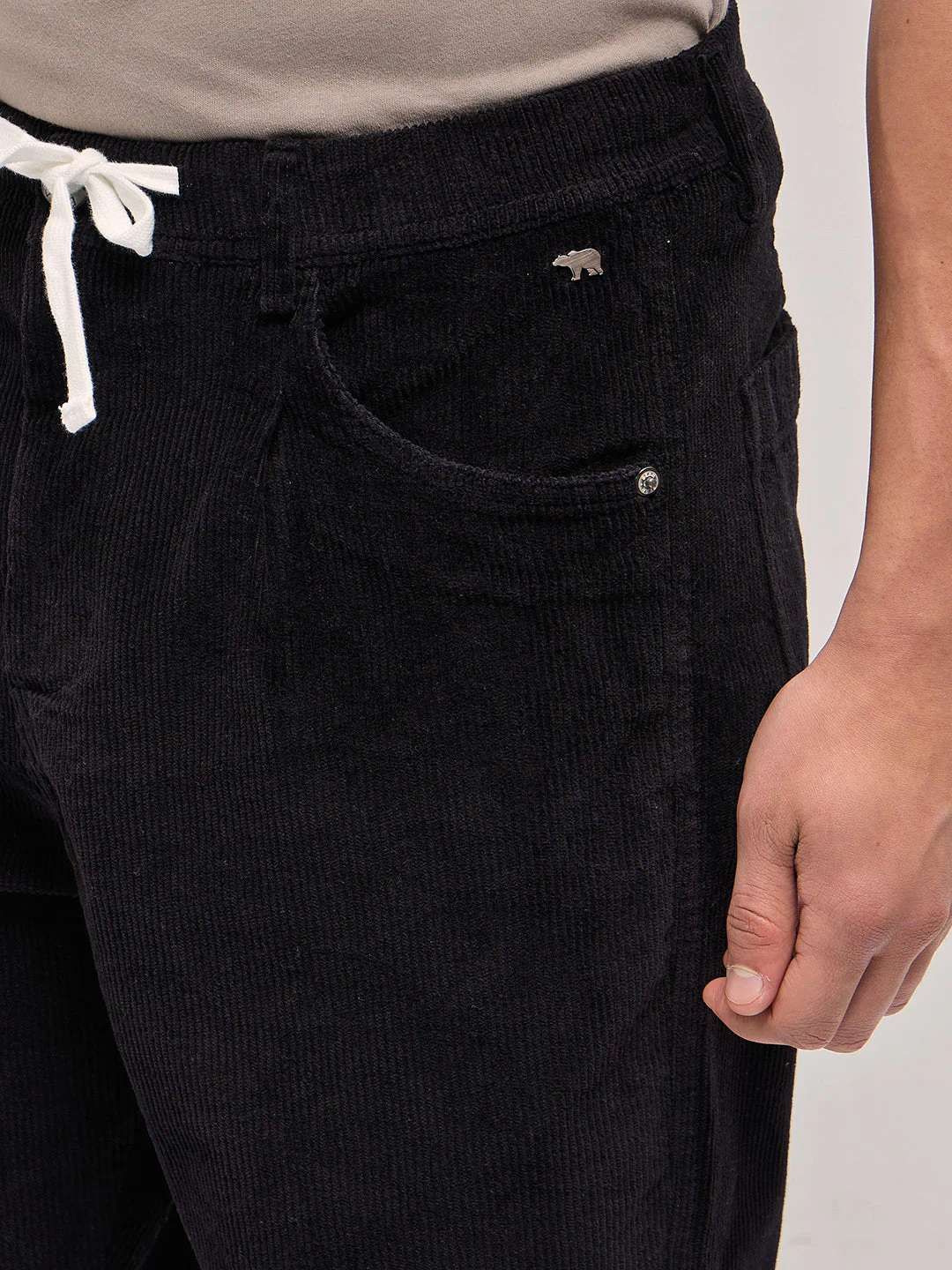 Men Black Solid Baggy Fit Corduroy Cotton Pant - Image 5