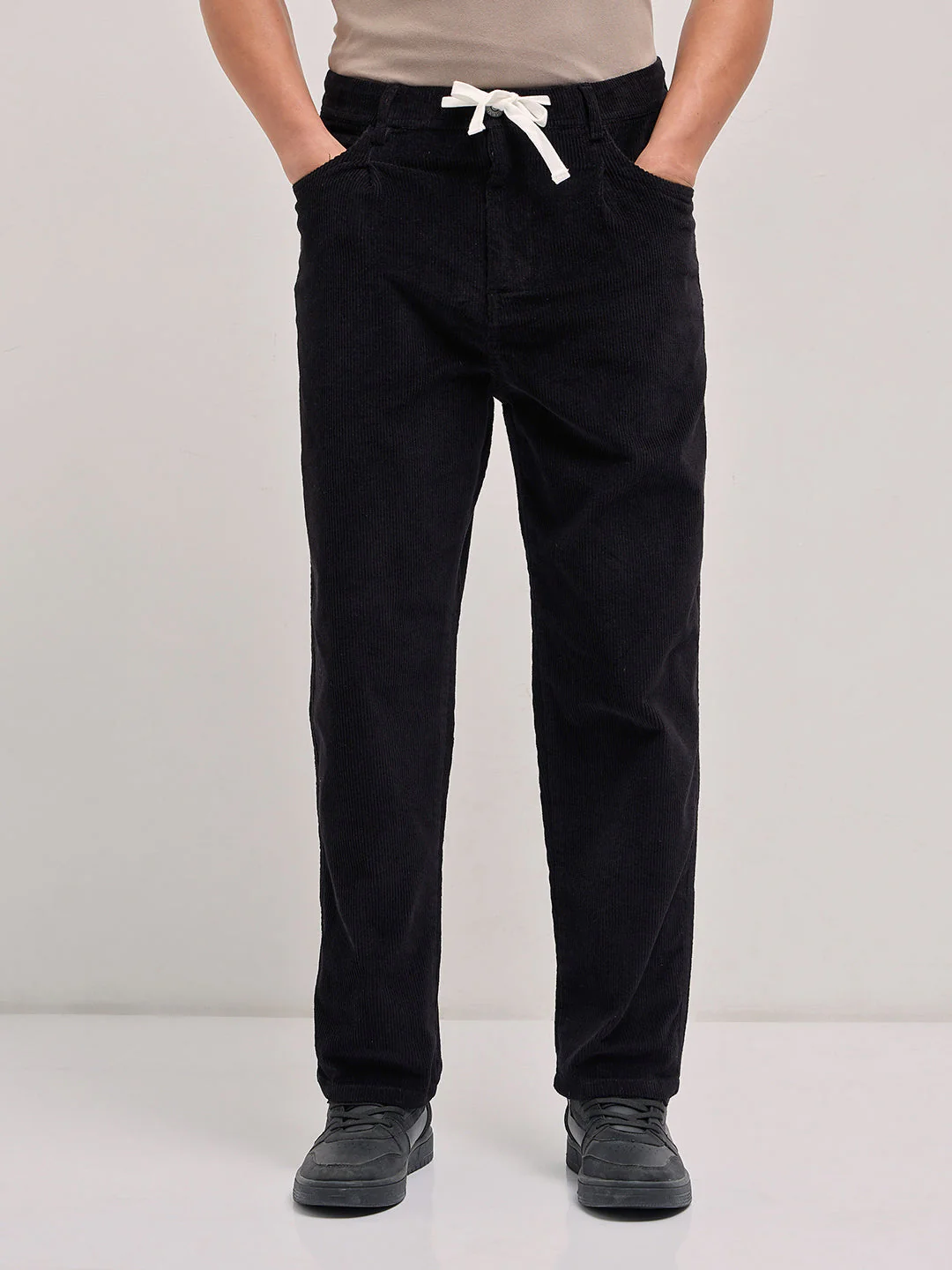 Men Black Solid Baggy Fit Corduroy Cotton Pant - Image 7