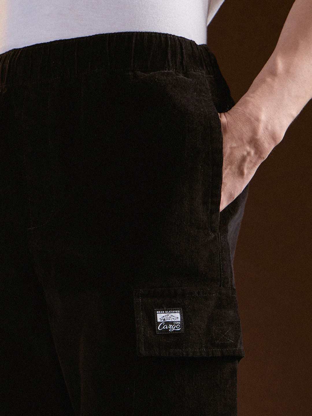 Men Black Solid Baggy Fit Stylish Corduroy Cargo Pant - Image 5