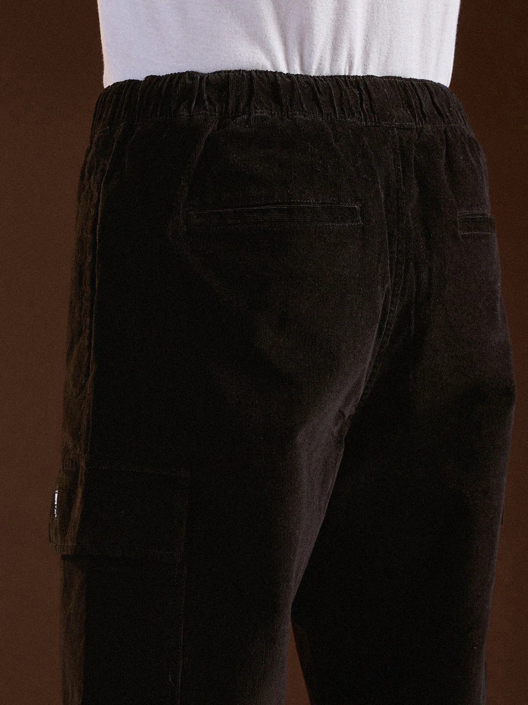 Men Black Solid Baggy Fit Stylish Corduroy Cargo Pant - Image 6