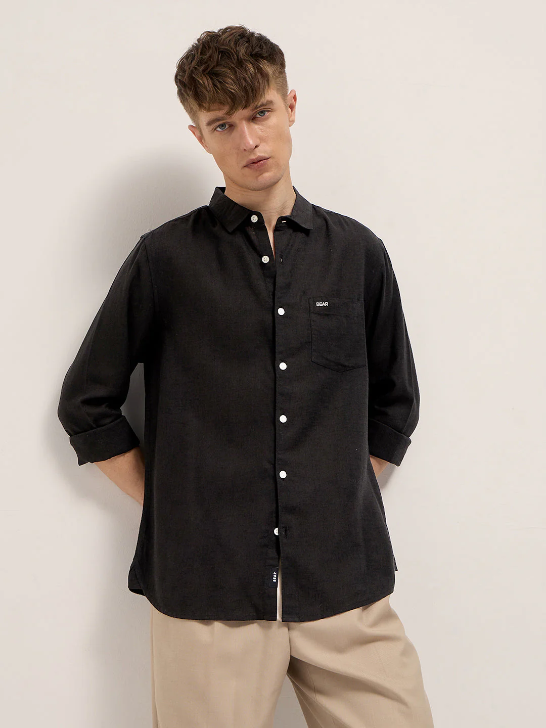 Men Black Solid Lyocell Slim Fit Casual Shirt