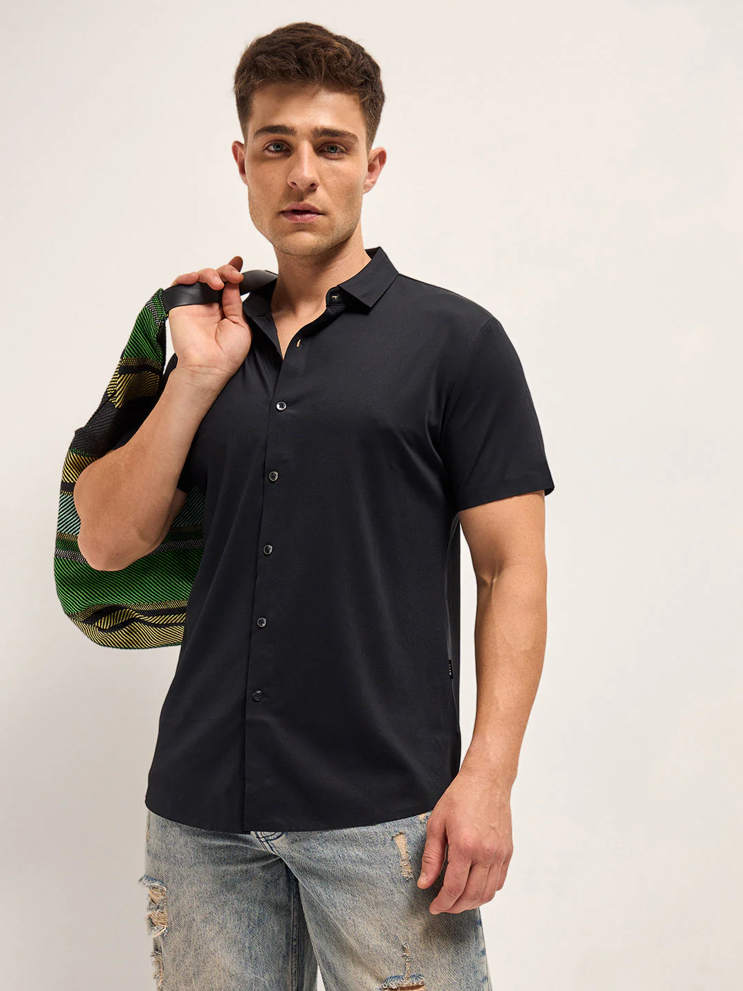 Men Black Solid Nylon Blend Classic Spread Collar Shirt