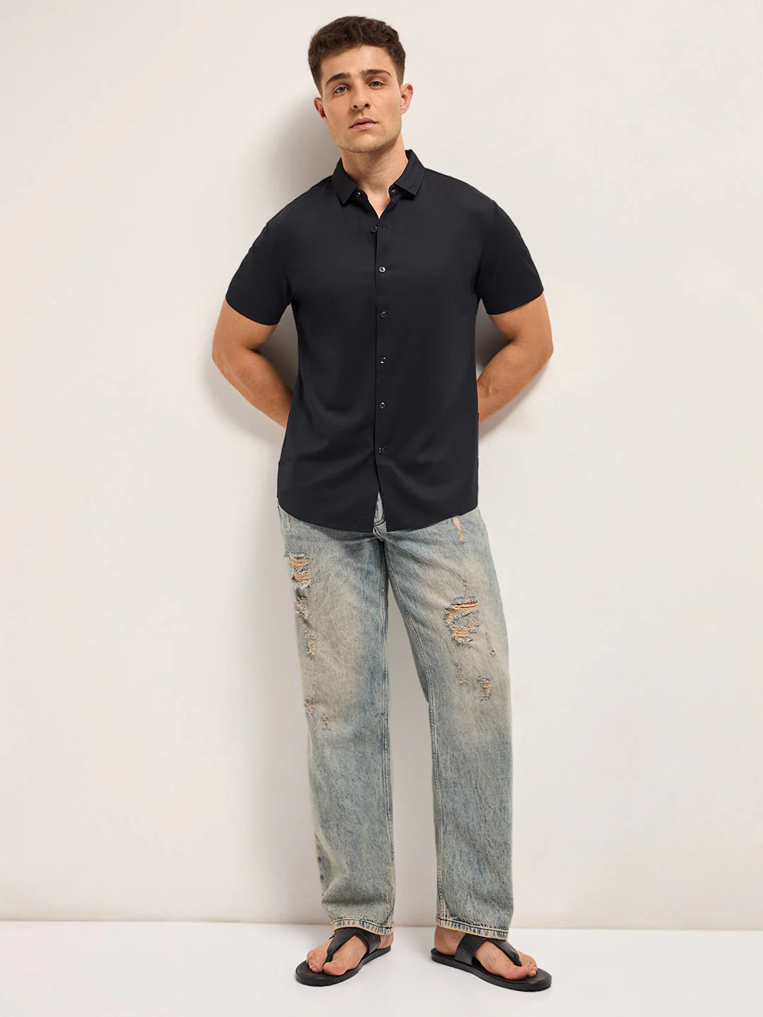 Men Black Solid Nylon Blend Classic Spread Collar Shirt - Image 4
