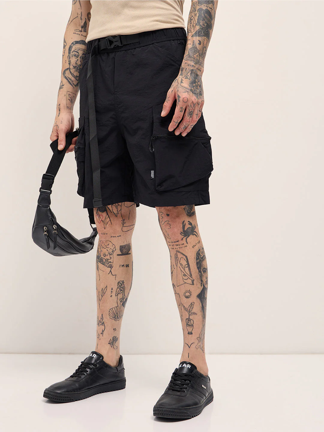 Men Black Solid Polyester Cargo Shorts