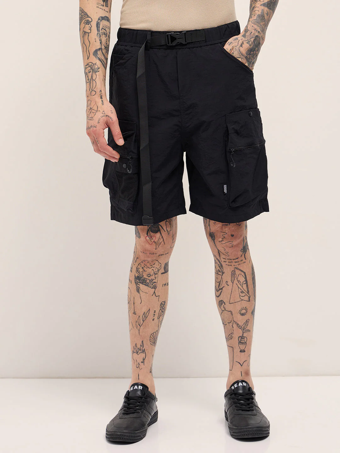 Men Black Solid Polyester Cargo Shorts - Image 7