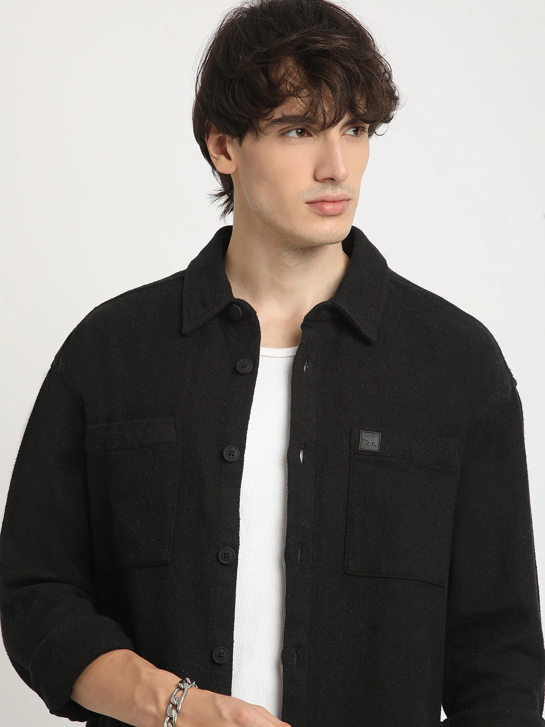 Men Black Solid Regular Fit Cotton Overshirt