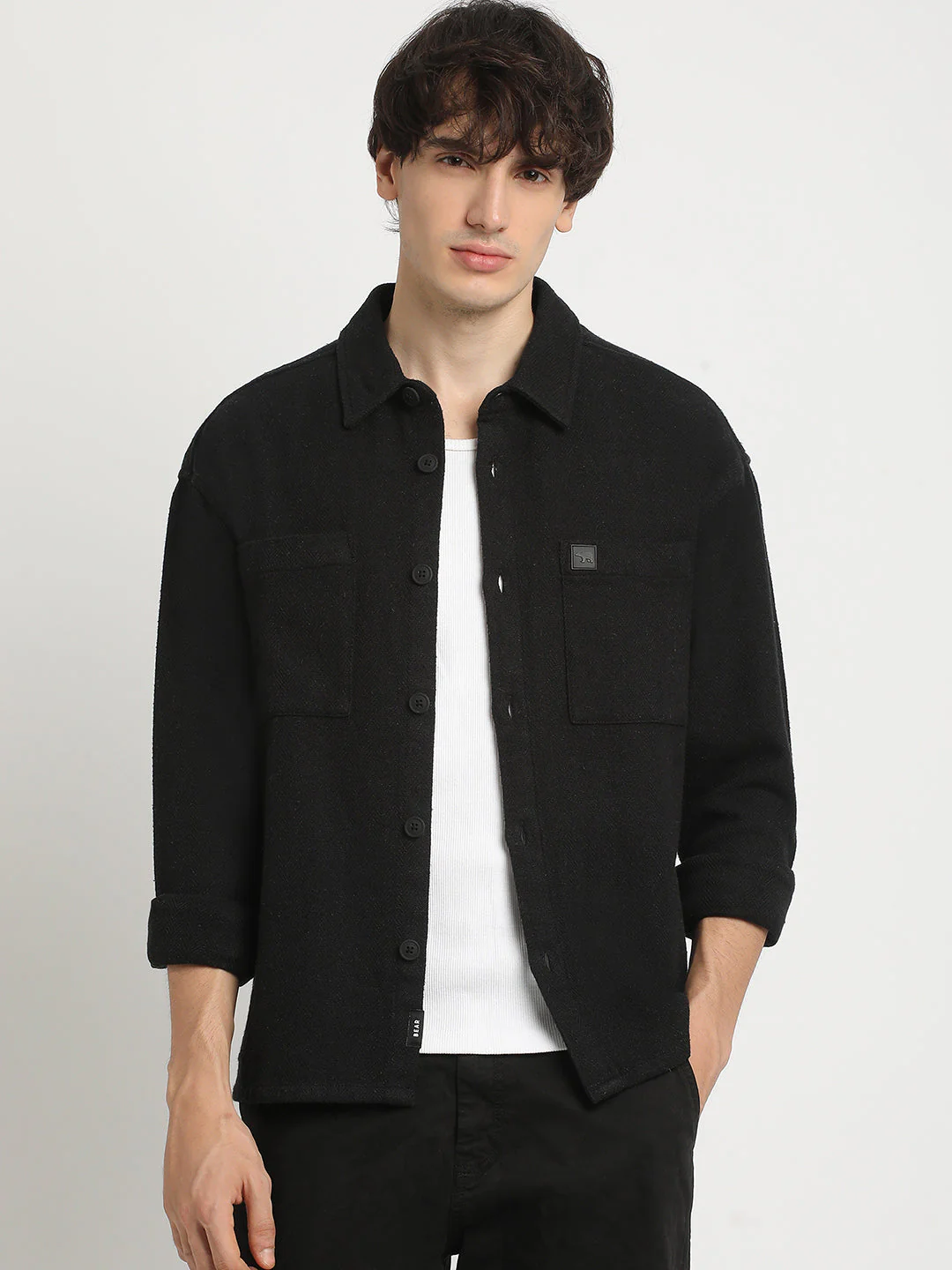 Men Black Solid Regular Fit Cotton Overshirt - Image 2