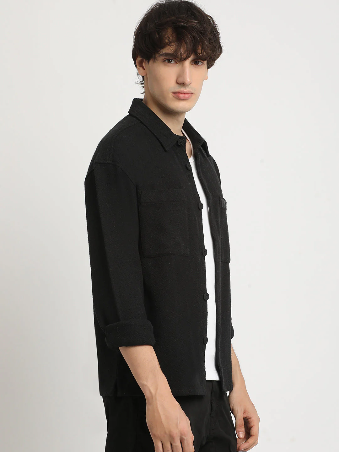 Men Black Solid Regular Fit Cotton Overshirt - Image 3