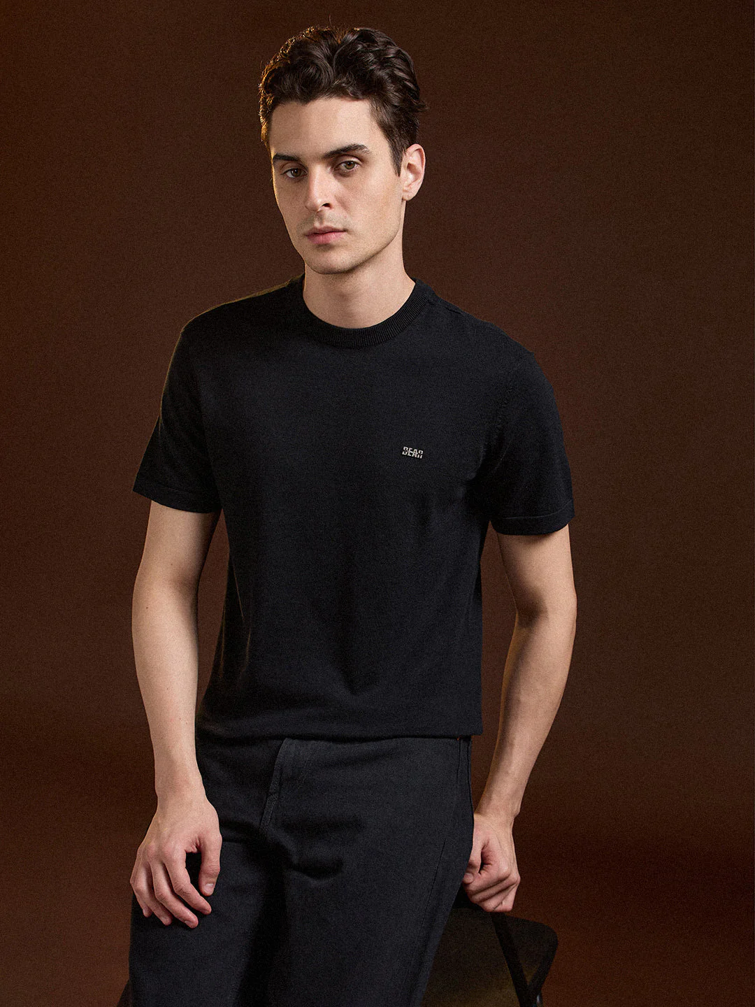 Men Black Solid Regular Fit Ribbed Crew Neck T-shirt