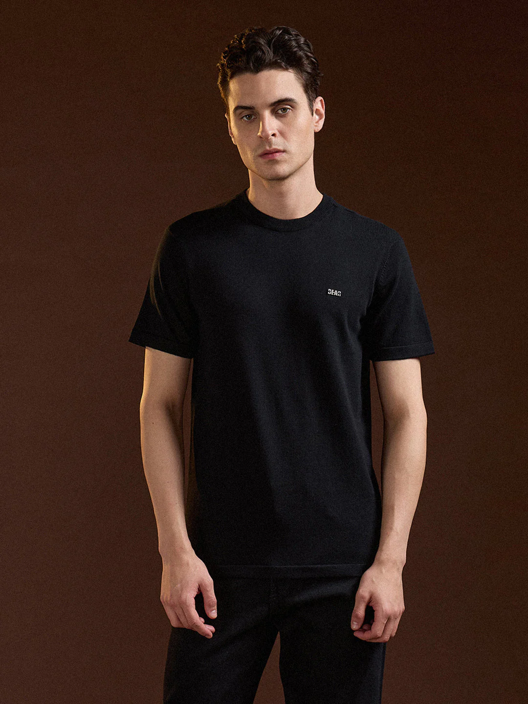 Men Black Solid Regular Fit Ribbed Crew Neck T-shirt - Image 6