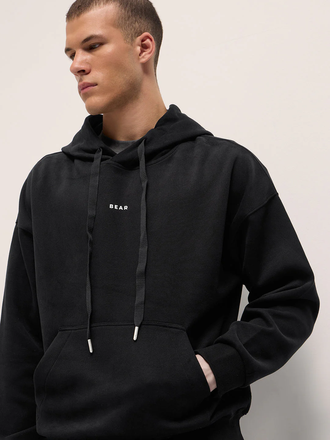Men Black Solid Relax Fit Hoodie - Image 5
