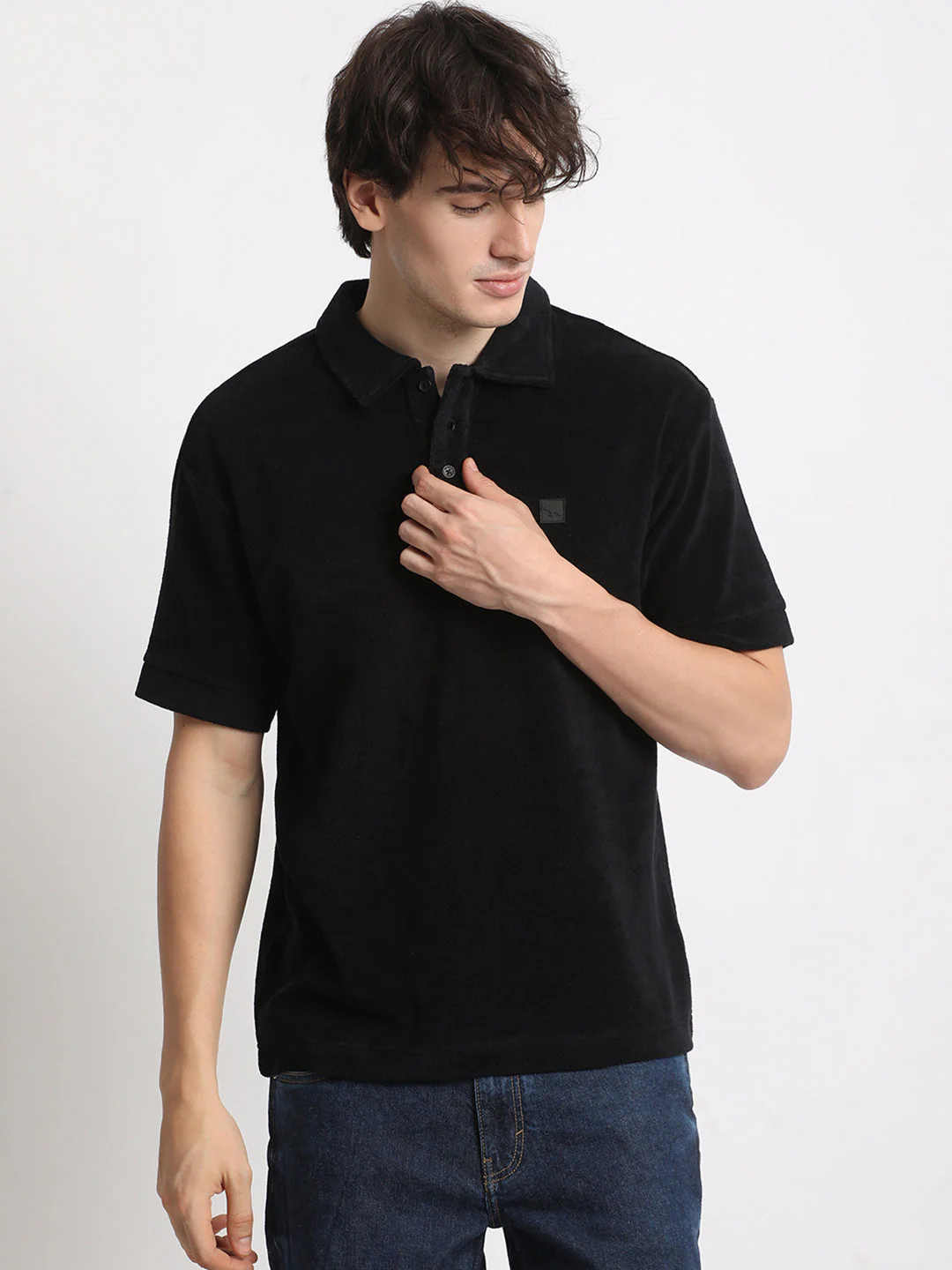 Men  Black Solid Relaxed Fit Polo T-shirt - Image 2
